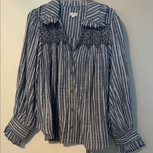 Pilcro Navy and White Striped Smocked Button-Down Shirt oversized